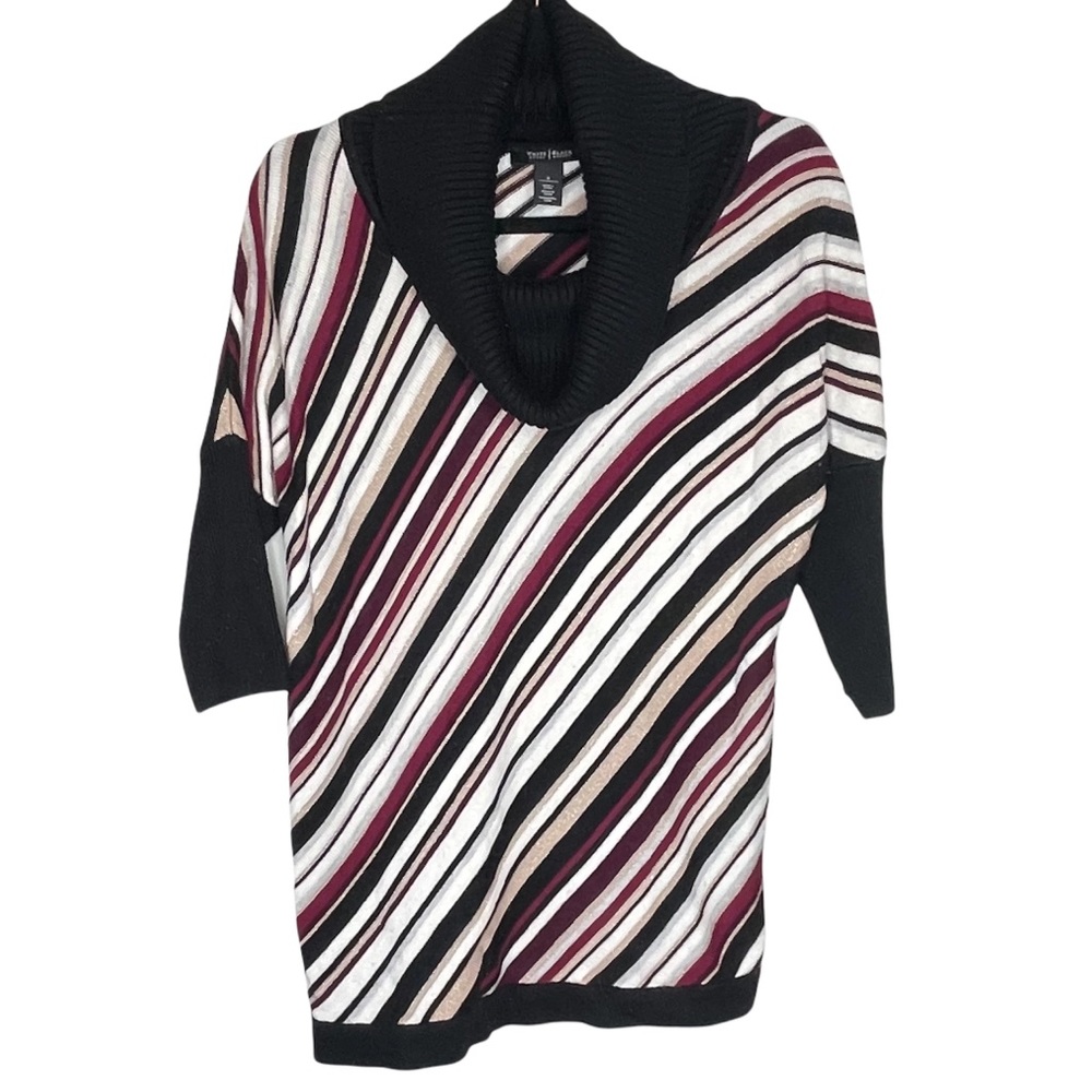 White House Black Market 3/4 Sleeve Metallic Diagonal Stripe Cowl Neck Sweater S